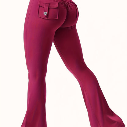 Full Of Elasticity Slim Fit Women's Pocket Yoga Pants - High Waist, Wide Legs, Solid Color, With Phone Pocket - SS69