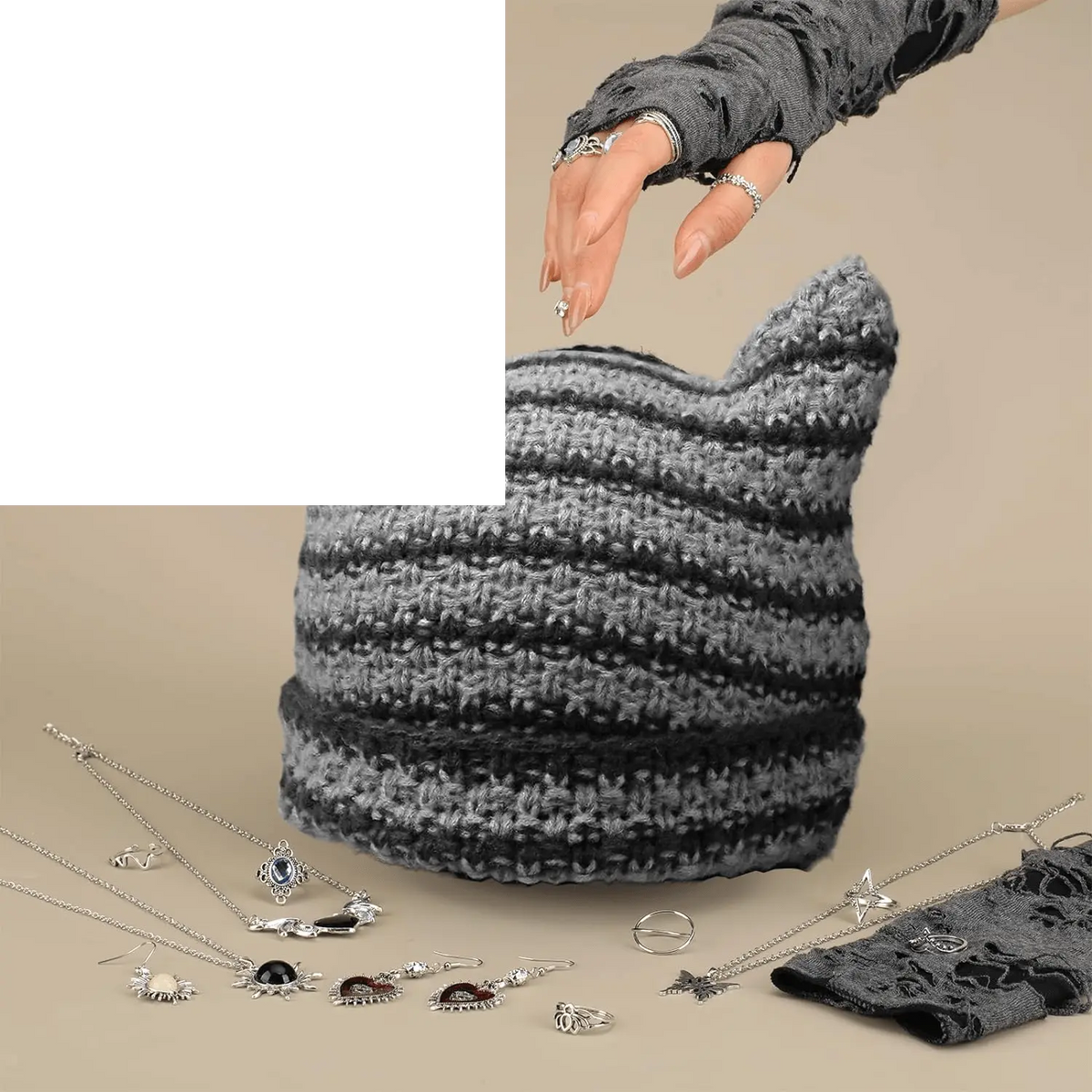 22 Pcs Y2K Grunge Knitted Cat Beanie Fairy Grunge - SS69