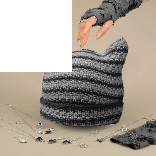 22 Pcs Y2K Grunge Knitted Cat Beanie Fairy Grunge - SS69