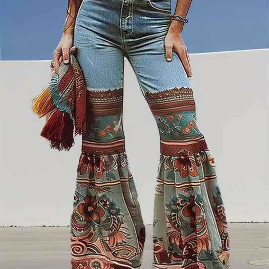 Women'S New Retro Printed High Waisted Pocket Jeans, Loose Casual Flared Pants