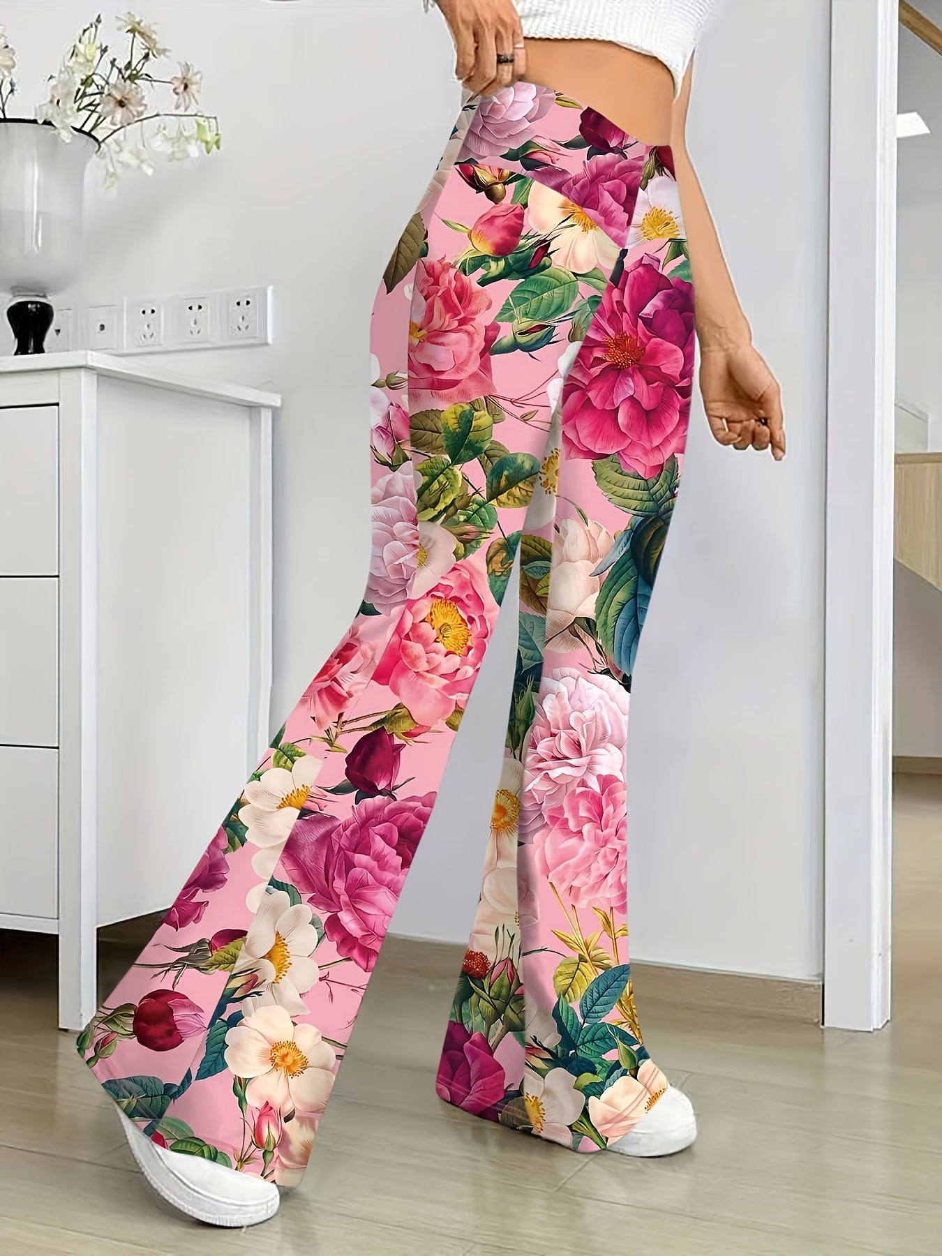 Women's High-Waisted Flared Pants with Vibrant Floral Print - Stretchy Comfort Fit, Machine Washable, All-Season Versatile for Casual & Formal Outfits, Outfit Enhancer | Comfortable Fit SS69