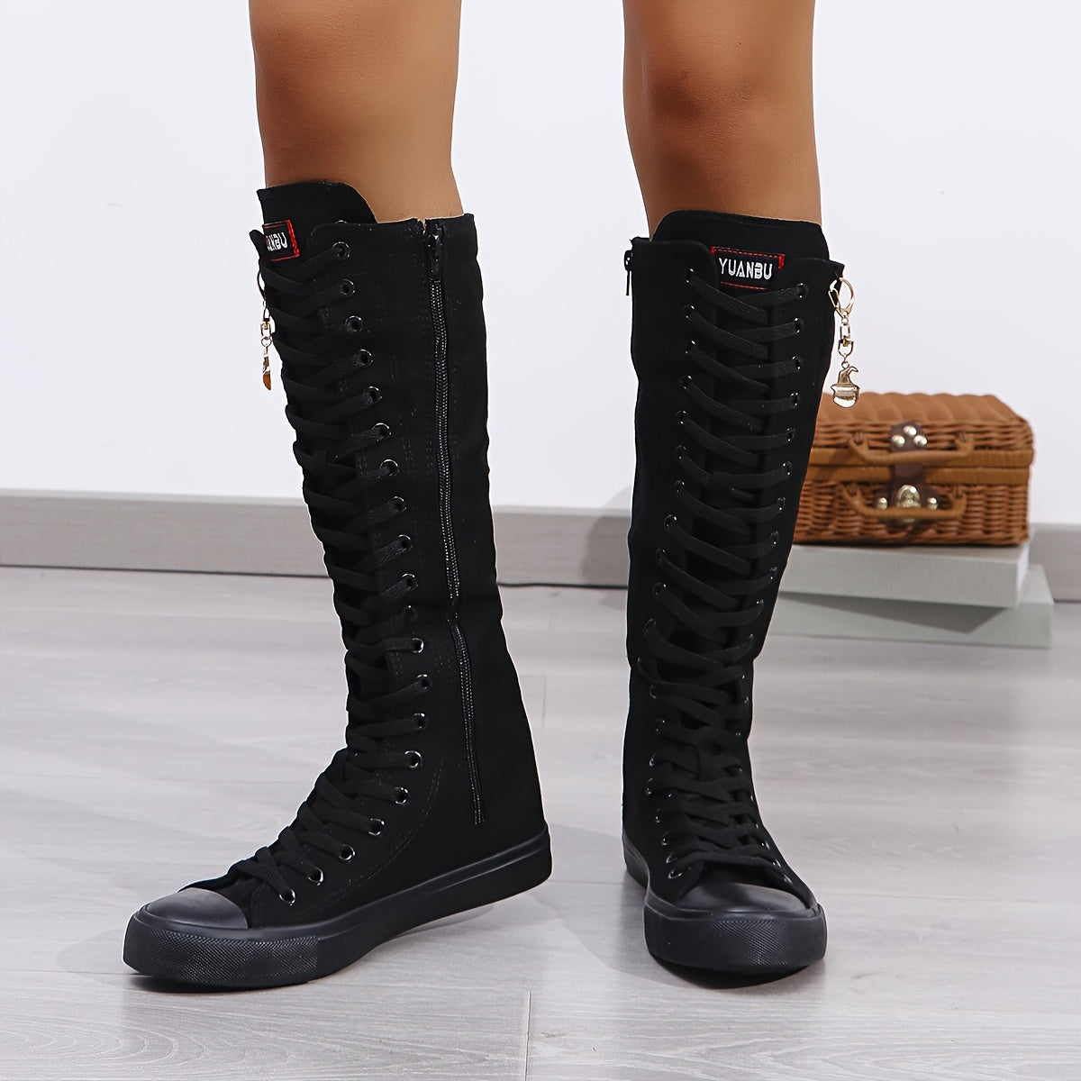 YUANBU Women'S Stylish Black Knee-High Boots with Colorful 
