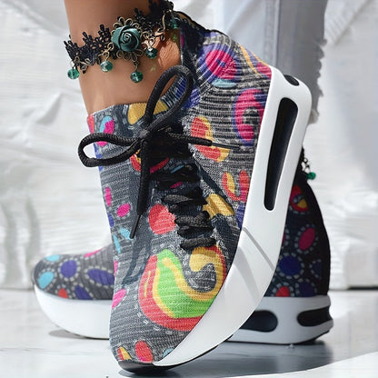 Fabric Upper Low Top Women's Fashion Sneakers, Casual Lace-up Printed Shoes, MD Sole, Fabric Lining, Random Print, All-Season SS69