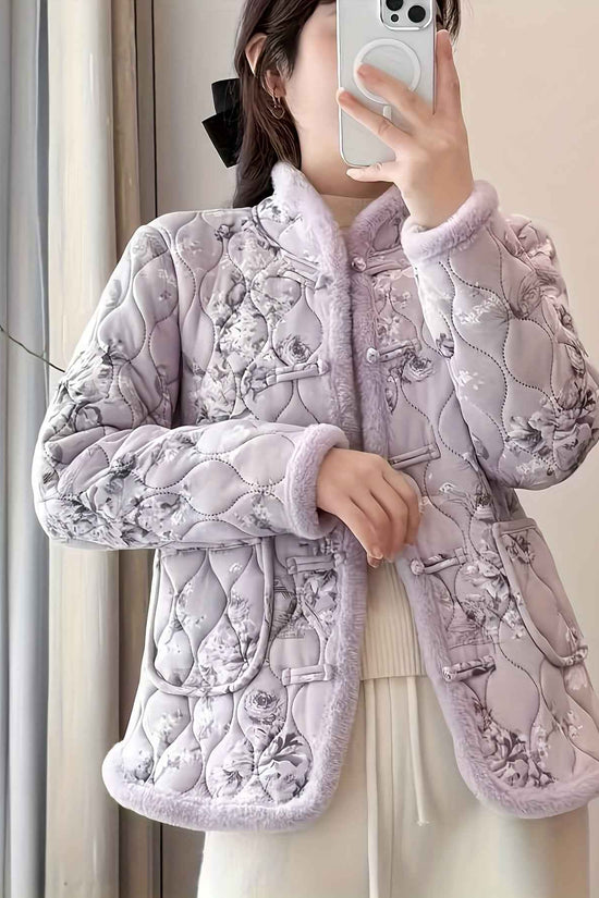 Plus Size, Women's Chinese Style Winter Coat with Cheona Collar (Standing Pronunciation) - Thick Padded Warm Jacket, Retro Button Front, Zipper Back Closure, Machine Washable Outerwear