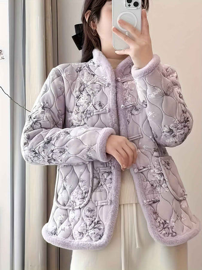 Plus Size, Women's Chinese Style Winter Coat with Cheona Collar (Standing Pronunciation) - Thick Padded Warm Jacket, Retro Button Front, Zipper Back Closure, Machine Washable Outerwear