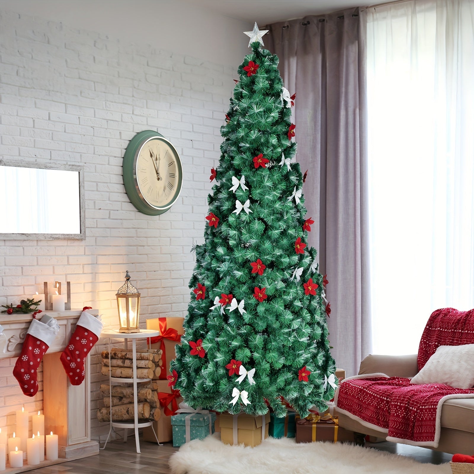 Pre-lit Christmas Tree, Fiber Optic Pre-lit Christmas Tree With Artificial Flowers And Bows, Multi-color Changing LED Lights, Starlight On Top, For Home Decoration, Holiday Party SS69