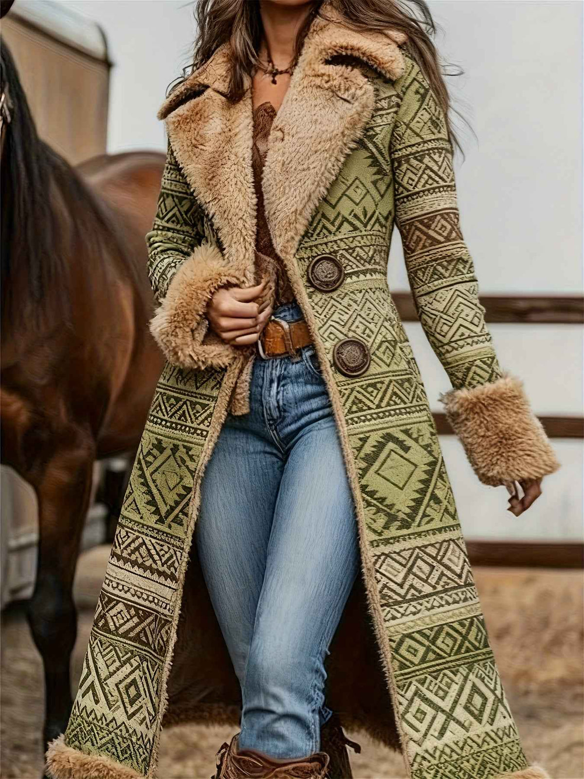 Women's Western Retro Style Winter Warm Coat - Western Print Jacket with Collar, Machine Washable Outerwear for Fall & Winter, Non-Stretch Blazer for Casual or Dressy Outfits