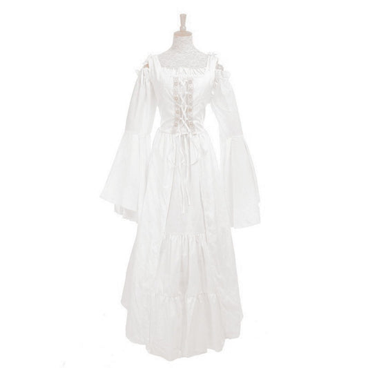 [Elegant Medieval Costume] Elegant Women's Medieval Two-Piece Costume - Renaissance Drama Outfit with Corset-like Bodice & Long Flowing Skirt | Halloween, Renaissance Faire, Themed Parties | Burgundy/White, Black/White, Green