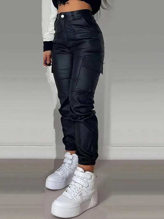 [Stretchy Cargo Jeans] High-Rise Women's Stretchy Black Cargo Denim Jeans - Multi-Pocket Design, Glossy Finish, Comfort Fit, Polyamide Fabric, Versatile Denim, Street Style SS69