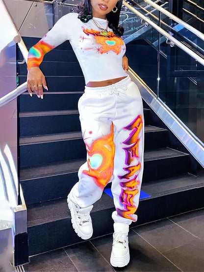 [Vibrant Y2K-Inspired Activewear Set] Vibrant Y2K-Inspired Heart & Letter Print Activewear Set - Long Sleeve Crop Top & Drawstring Joggers, Polyester/Spandex Blend, Perfect for Daily Fitness & Outdoor Fashion SS69