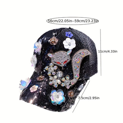 [Anime Baseball Cap] Anime Theme Women's Fashion Baseball Cap - Breathable Mesh, Adjustable Fit, Rhinestones and Floral Embellishments, Hot-stamping Craftsmanship, Sparkling Sequin Duckbill Hat, Carnival/Mardi Gras/Masquerade SS69