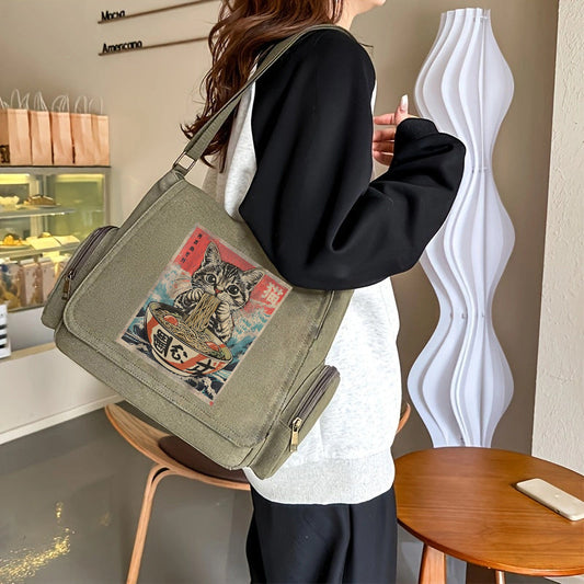 Large Capacity Shoulder Bag, Vintage Tote Crossbody Bag, Messenger Bag, Cat Eating Ramen Print, Suitable for Various Scenarios, Perfect Gift Choice for Shopping, Travel, and Dining Out SS69
