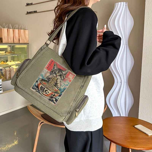 Large Capacity Shoulder Bag, Vintage Tote Crossbody Bag, Messenger Bag Supplementary Bag, Eating Ramen Cat Print, Suitable for Various Scenarios, Great Choice for Shopping, Travel, and Eating Out, Gift