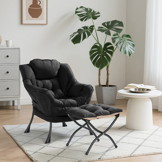 Lazy Chair with Foldable Ottoman, Modern Comfy Lounge Chair, Large Sofa Armchair with Footrest And A Side Pocket, Leisure Reading Chair with Footstool for Bedroom, Living Room, Dorm, Black, Bedroom Seating, Dorm Room Furnitur SS69