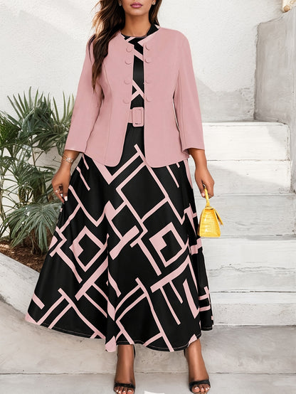 [Elegant Two-Piece Set] Elegant Plus-Size Women's Solid Color Jacket & Printed Vest Skirt Two-Piece Set
