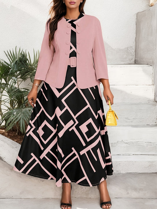 [Elegant Two-Piece Set] Elegant Plus-Size Women's Solid Color Jacket & Printed Vest Skirt Two-Piece Set