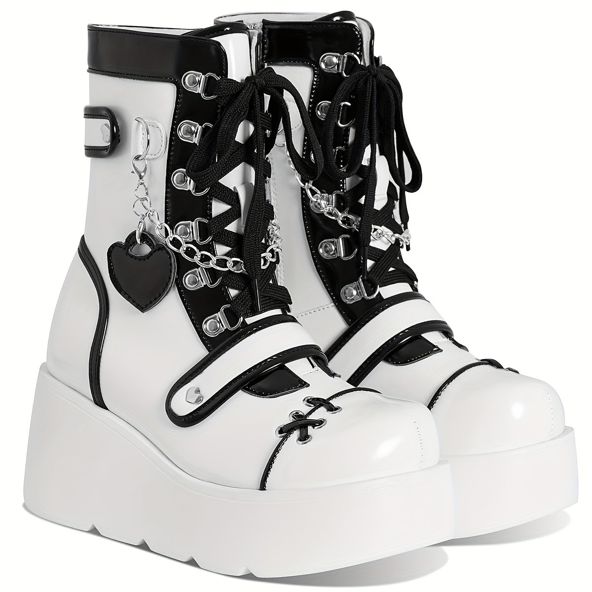 [Goth Rave High Heel Boots] Goth Rave High Heel Round Toe Zipper Wedges Mid Calf Booties - Platform Ankle Boots For Women - Kawaii Shoes SS69