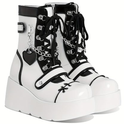 [Goth Rave High Heel Boots] Goth Rave High Heel Round Toe Zipper Wedges Mid Calf Booties - Platform Ankle Boots For Women - Kawaii Shoes SS69