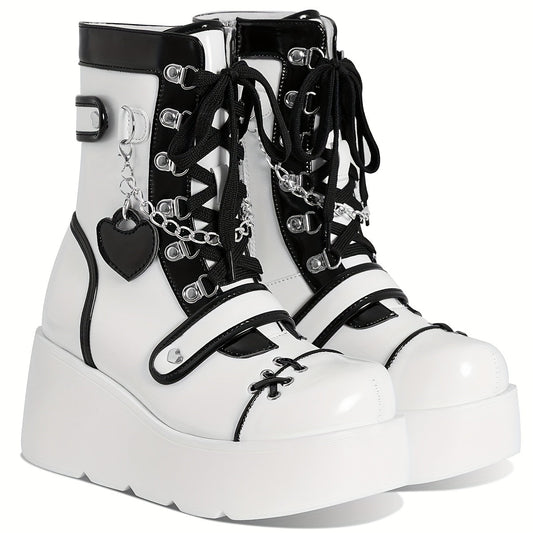 [Goth Rave High Heel Boots] Goth Rave High Heel Round Toe Zipper Wedges Mid Calf Booties - Platform Ankle Boots For Women - Kawaii Shoes SS69