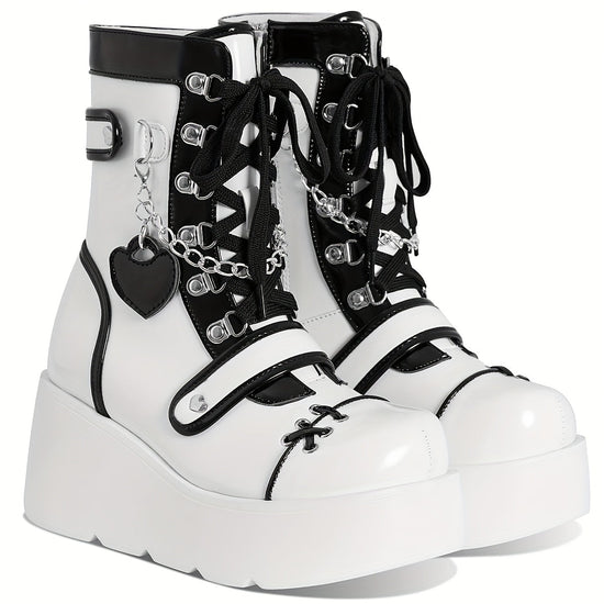 [Goth Rave High Heel Boots] Goth Rave High Heel Round Toe Zipper Wedges Mid Calf Booties - Platform Ankle Boots For Women - Kawaii Shoes SS69