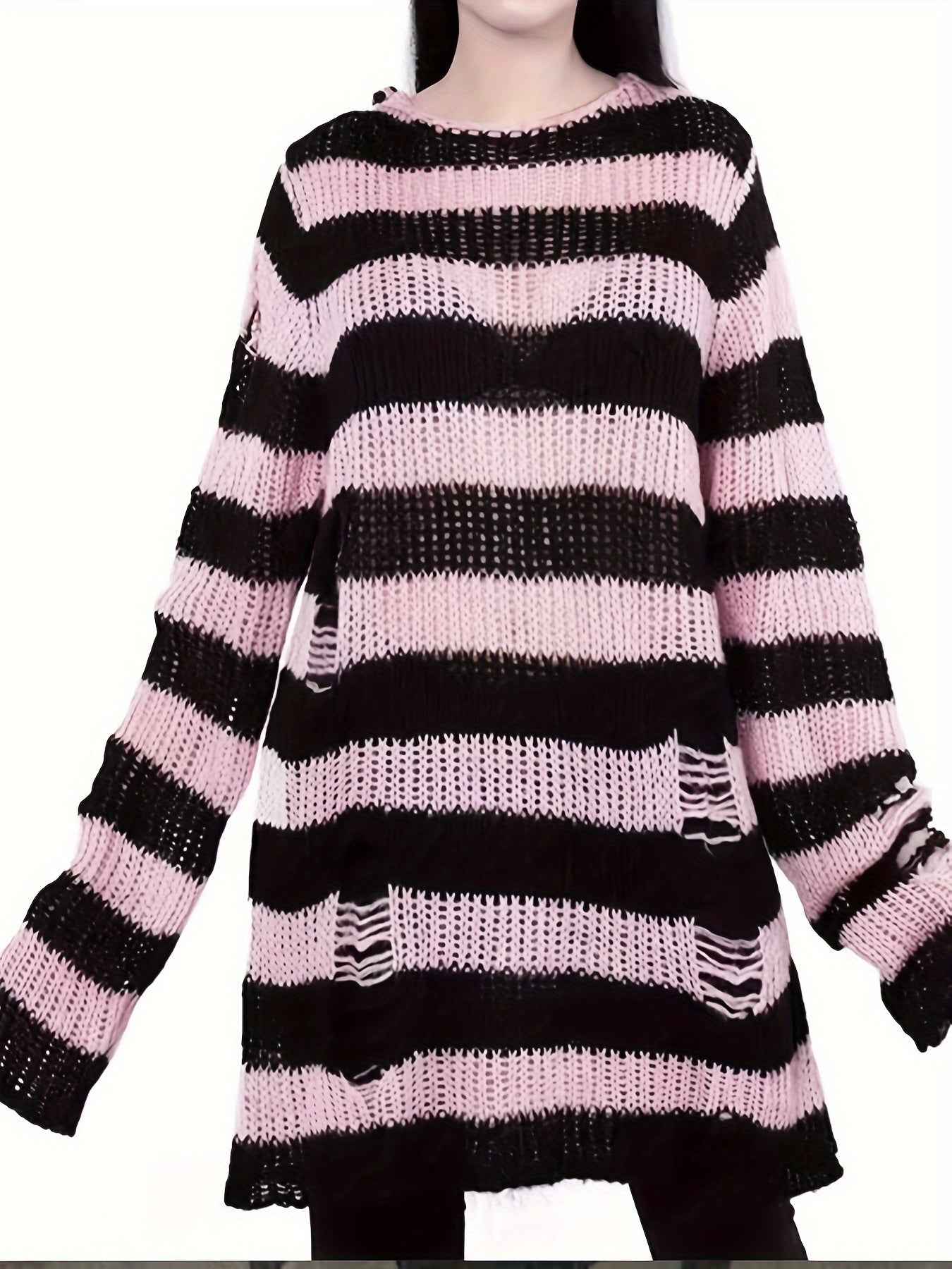 [Gothic Knitted Top] Gothic Long Loose-Fitting Knitted Top - Round Neck, Unique Torn Design with Contrasting Stripes