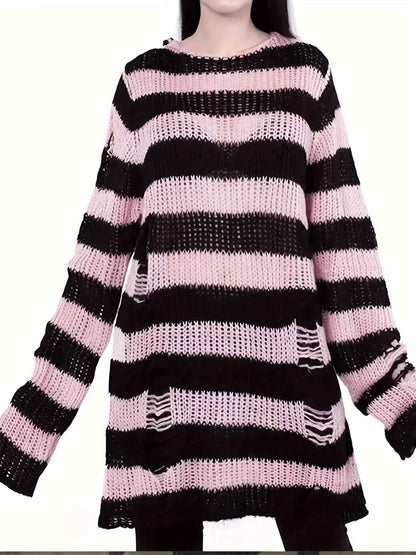 [Gothic Knitted Top] Gothic Long Loose-Fitting Knitted Top - Round Neck, Unique Torn Design with Contrasting Stripes