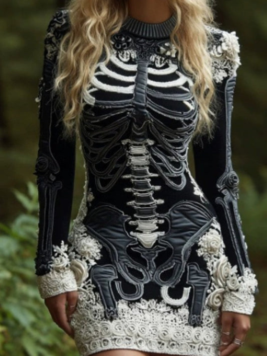 Women's Gothic 3D Skull & Bone Sweater - Off-Shoulder Winter Warm Crewneck Pullover with Lace-like Sleeve Patterns, Retro Vampire Costume Top for Halloween & Themed Parties (Hand Washable) SS69