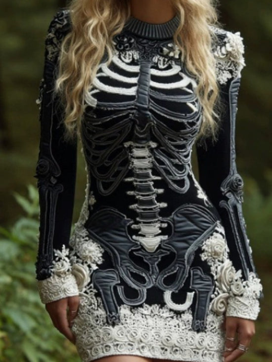 Women's Gothic 3D Skull & Bone Sweater - Off-Shoulder Winter Warm Crewneck Pullover with Lace-like Sleeve Patterns, Retro Vampire Costume Top for Halloween & Themed Parties (Hand Washable) SS69