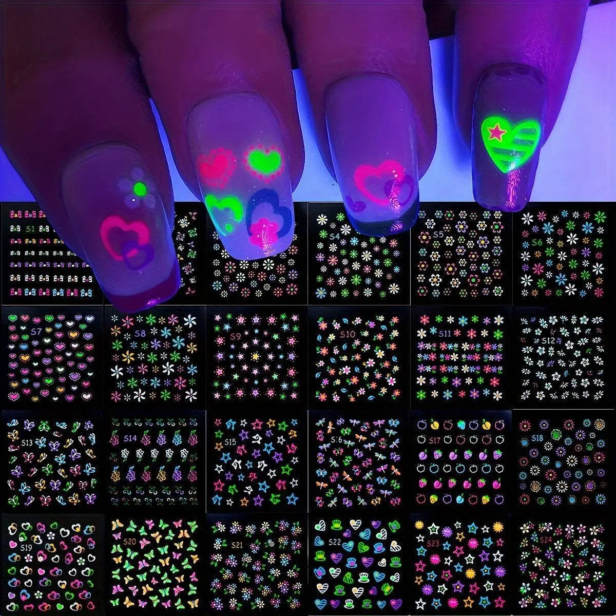 24 Sheets 3D Glow in The Dark Neon Nail Stickers Glittery Glossy Self-Adhesive Nail Art Stickers Butterfly Love Heart Flower Nail Art Decoration for Women Girl DIY Nail Art Deco SS69