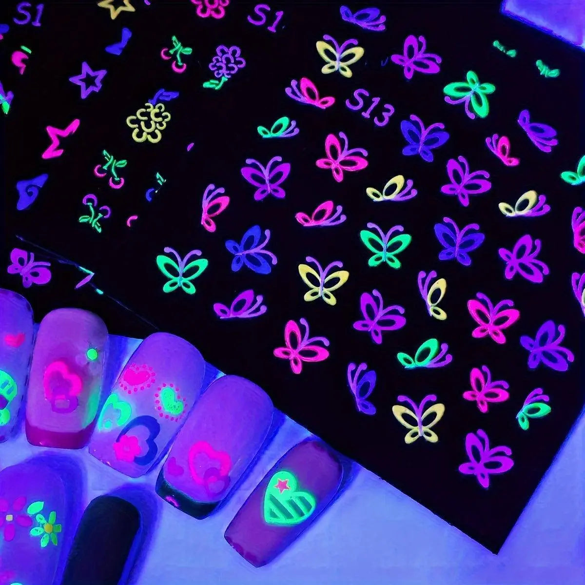 24 Sheets 3D Glow in The Dark Neon Nail Stickers Glittery Glossy Self-Adhesive Nail Art Stickers Butterfly Love Heart Flower Nail Art Decoration for Women Girl DIY Nail Art Deco SS69