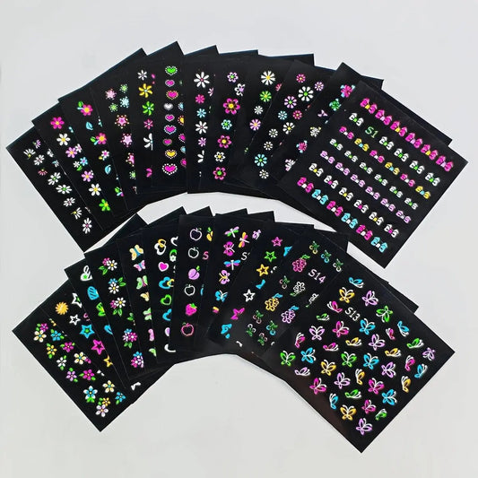 24 Sheets 3D Glow in The Dark Neon Nail Stickers Glittery Glossy Self-Adhesive Nail Art Stickers Butterfly Love Heart Flower Nail Art Decoration for Women Girl DIY Nail Art Deco SS69