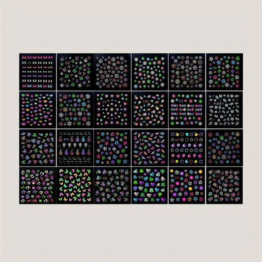 24 Sheets 3D Glow in The Dark Neon Nail Stickers Glittery Glossy Self-Adhesive Nail Art Stickers Butterfly Love Heart Flower Nail Art Decoration for Women Girl DIY Nail Art Deco SS69