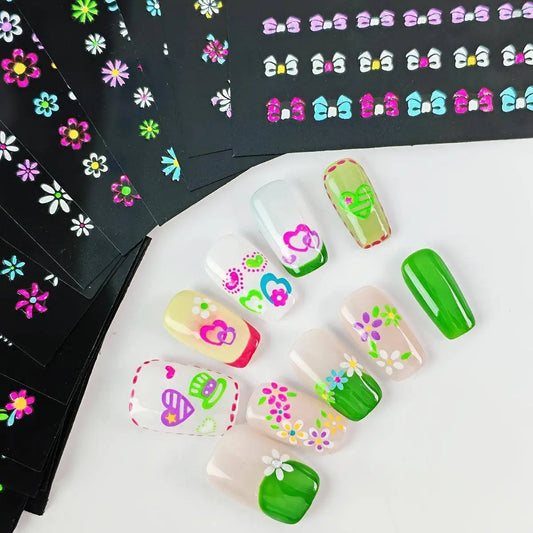 24 Sheets 3D Glow in The Dark Neon Nail Stickers Glittery Glossy Self-Adhesive Nail Art Stickers Butterfly Love Heart Flower Nail Art Decoration for Women Girl DIY Nail Art Deco SS69
