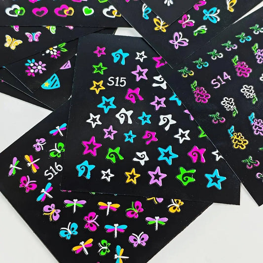 24 Sheets 3D Glow in The Dark Neon Nail Stickers Glittery Glossy Self-Adhesive Nail Art Stickers Butterfly Love Heart Flower Nail Art Decoration for Women Girl DIY Nail Art Deco SS69