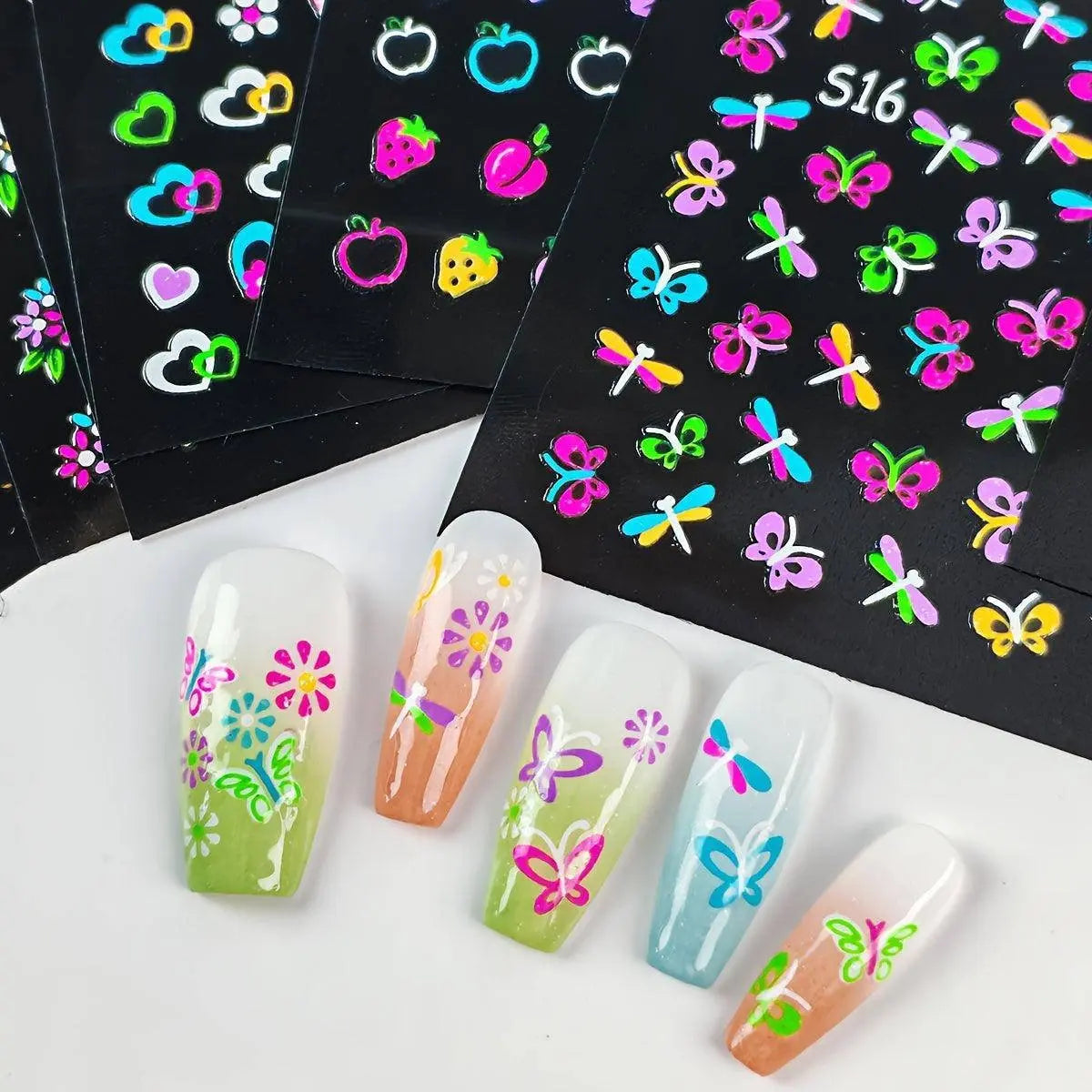 24 Sheets 3D Glow in The Dark Neon Nail Stickers Glittery Glossy Self-Adhesive Nail Art Stickers Butterfly Love Heart Flower Nail Art Decoration for Women Girl DIY Nail Art Deco SS69