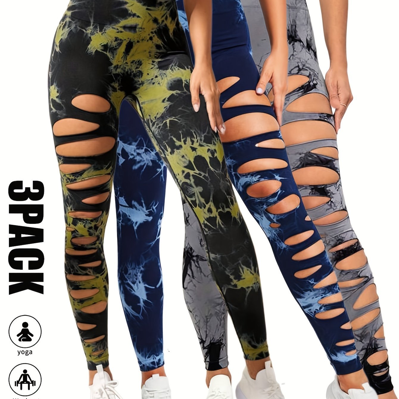 3 Pack High Waist Tie Dye Cutout Yoga Leggings - Scrunch Butt Lifting, Tummy Control, Elastic Workout Pants for Women SS69 42.69 3 Pack-GEY-BLU-LGN / M