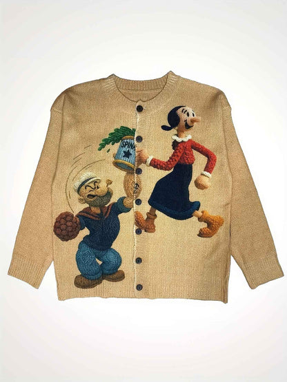 2D Printed Sweater with Vintage Pattern, Women's Lazy Style Cardigan for Autumn and Winter, Loose Fit Versatile Top, Popeye Print Fashionable Elegant Trendy Full Print Cardigan, "The First Gentle Cardigan of Early Autumn, 2D