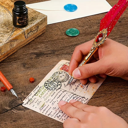 Antique Vintage Quill Pen and Ink Set - Gem Feather Pen Set with Glass Dip Pen, Wooden Dip Pen, Fire Lacquer Wax Beads, Spoon, Seal Stamp, Candle, Pen Base, Cup - Unique Gift for Writers, Artists & History Enthusiasts - Perfe SS69