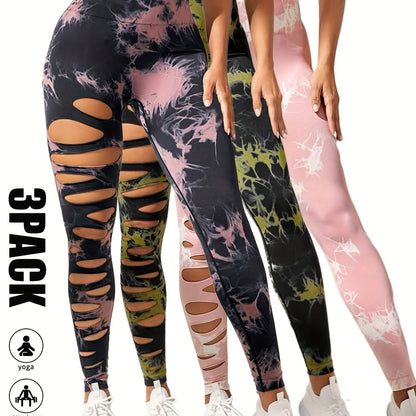 3 Pack High Waist Tie Dye Cutout Yoga Leggings - Scrunch Butt Lifting, Tummy Control, Elastic Workout Pants for Women SS69 42.69 3 Pack-BPN-LGN-PNK / S