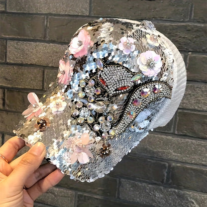 [Anime Baseball Cap] Anime Theme Women's Fashion Baseball Cap - Breathable Mesh, Adjustable Fit, Rhinestones and Floral Embellishments, Hot-stamping Craftsmanship, Sparkling Sequin Duckbill Hat, Carnival/Mardi Gras/Masquerade SS69