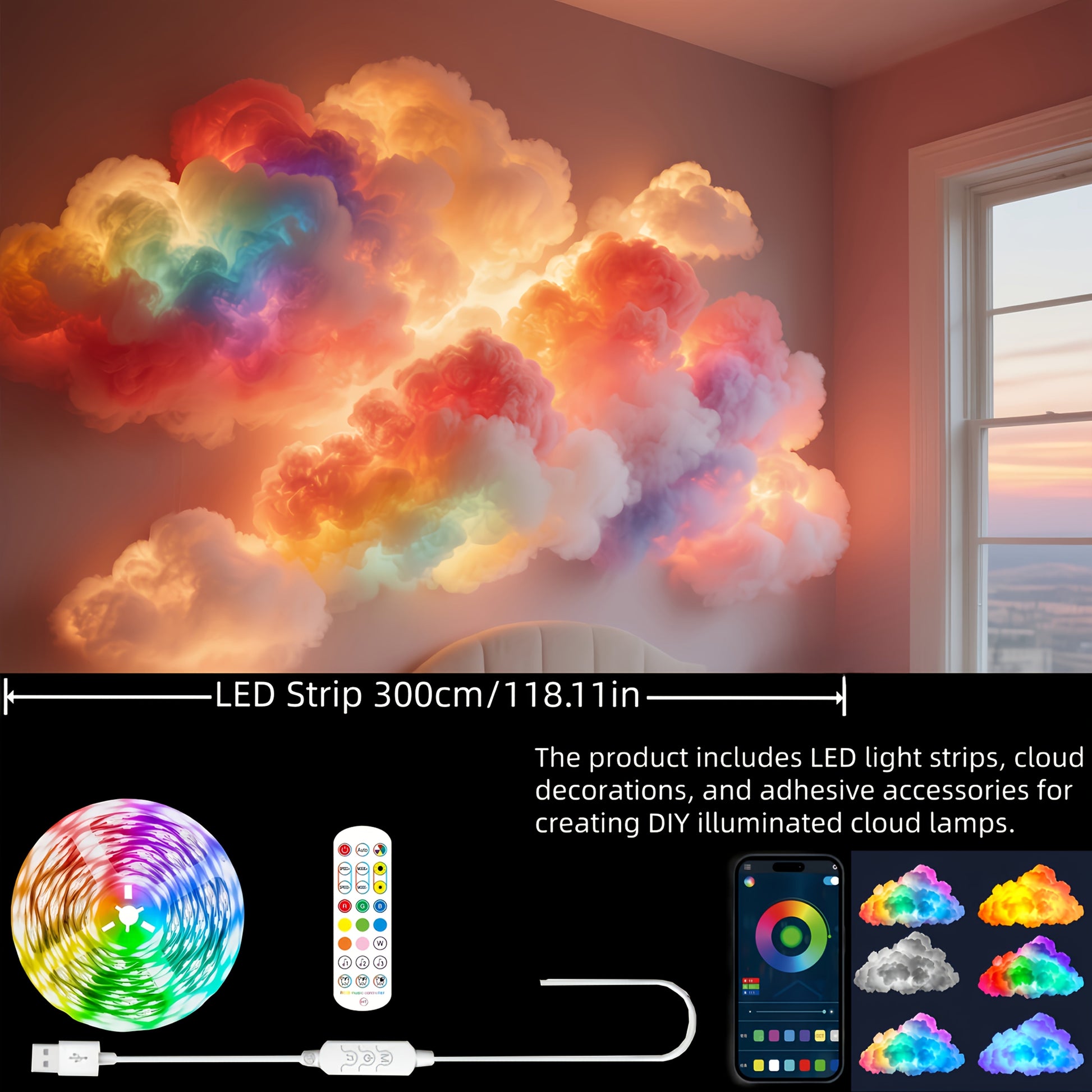 1pc BINDLAN DIY Cloud Lamp with RGBIC Music Sync & Thunder Cloud Effects, Adjustable Shape USB-Powered Mood Light for Bedroom Decor, Gaming Ambiance, TV Backlight - 3.3ft-9.9ft Options, Remote Control, Wireless/Infrared, Dimm SS69 32.69 LED Strip 300cm/118.11in