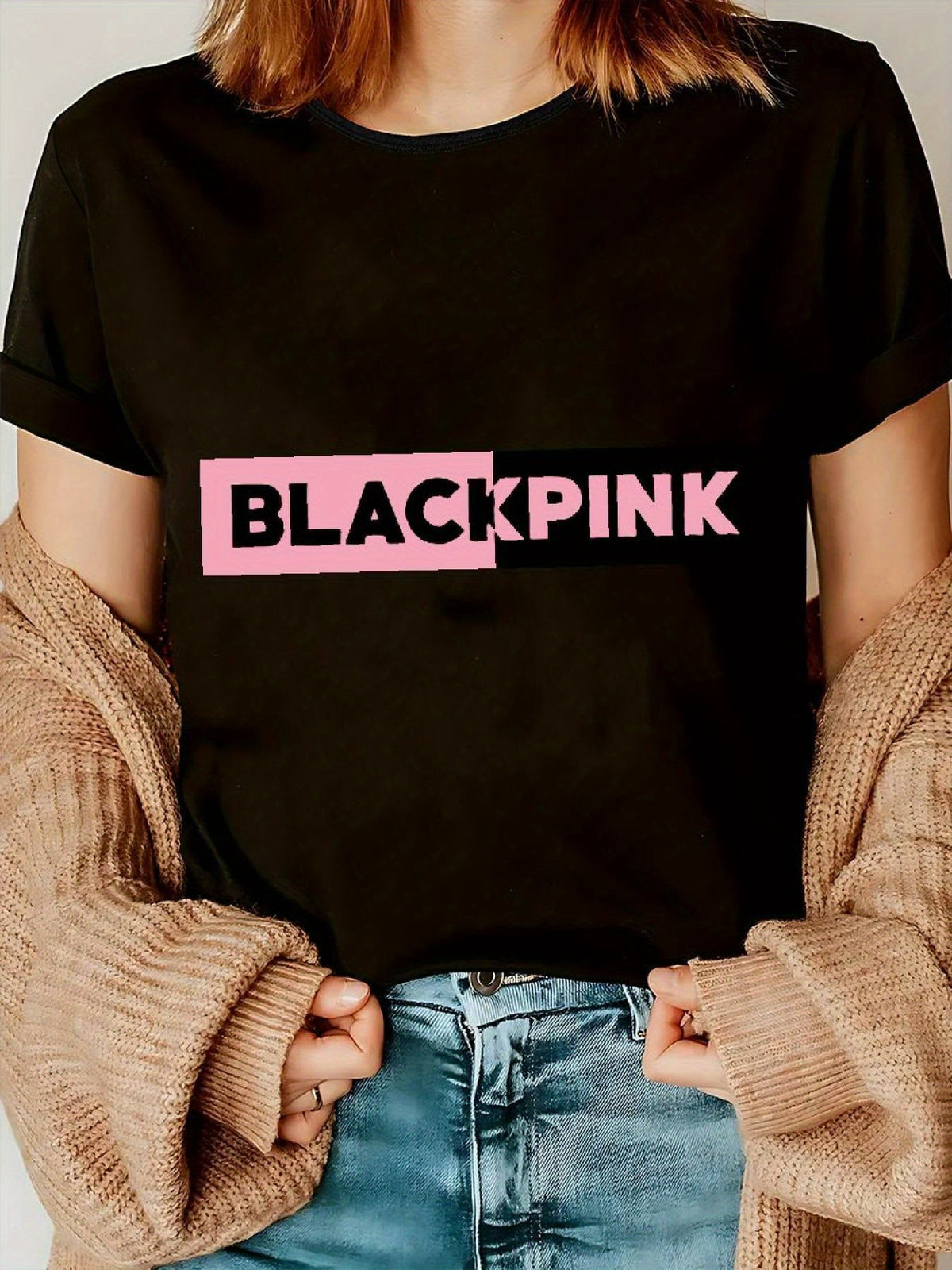 Blackpink Graphic Women's T-Shirt - Casual Short Sleeve Round Neck, Stretchy Polyester Blend, Embossed Floral & Letter Design, Perfect for Spring/Summer/Fall SS69
