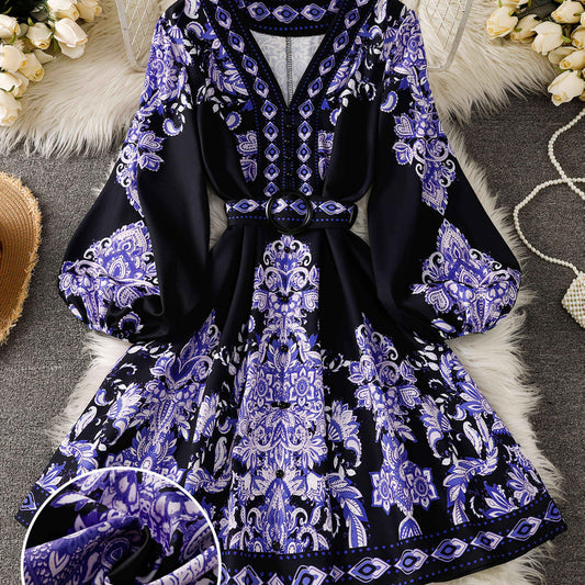 [Bohemian V-Neck Dress] Sleeveless Geometric Print Women's Bohemian V-Neck Mini Dress with Belt | Flared Bodice with Buttons, Pleated A-Line Skirt, Perfect for Spring & Summer Vacations, Casual Resort Wear