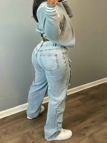 Fashionable Women'S Clothing, Stretch Denim Fabric, Three-Dimensional Multi-Pocket Workwear Style Denim Trousers