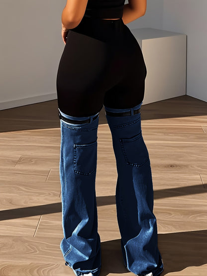 Trendy Two Tone High Elastic Waist Jeans - Women Patchwork Streetwear Style With Garter Belt Detail SS69