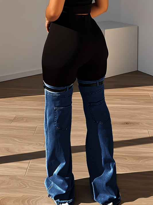 Trendy Two Tone High Elastic Waist Jeans - Women Patchwork Streetwear Style With Garter Belt Detail SS69