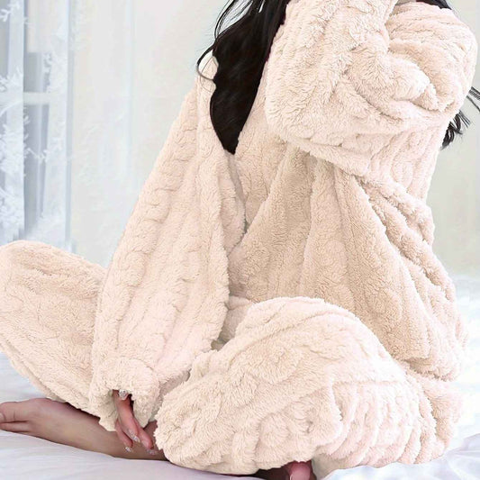 Solid Color Plus Size Women's Cozy Fleece Pajama Set - Soft Long Sleeve Round Neck Top & Pants, Casual Style, Perfect for Fall/Winter, Comfortable Sleepwear|Casual Style Pajamas|Soft Fleece Material