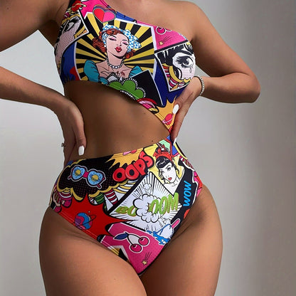 Women'S Vibrant One-Shoulder Swimsuit with Colorful Cartoon Characters - High Stretch, Asymmetrical Design, Perfect for Beach and Pool, Pool Swimsuit|Playful Design|One Shoulder Swimsui SS69 17.69 Mixed Color / XXL