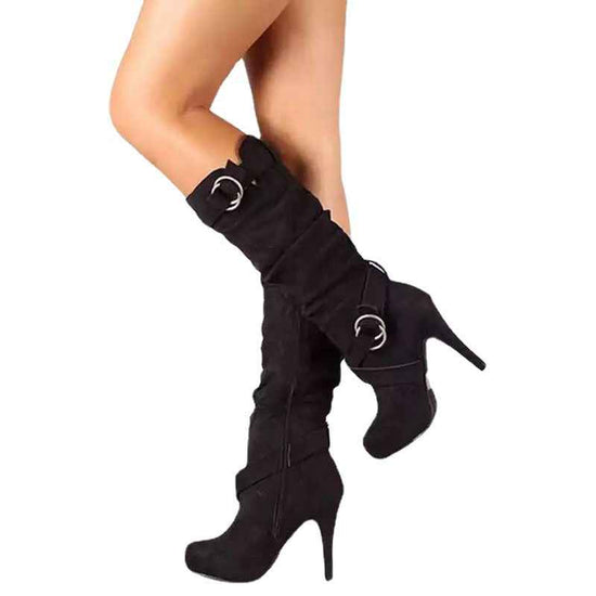 Women's Plus Size Knee-High Stiletto High-Heeled Boots, European-Inspired Round Toe with Zipper Closure, Stretch Comfort Fit and Slip-Resistant MD Sole, Elegant All-Season Booties for Casual & Formal Events, Brown, Grey, Hand