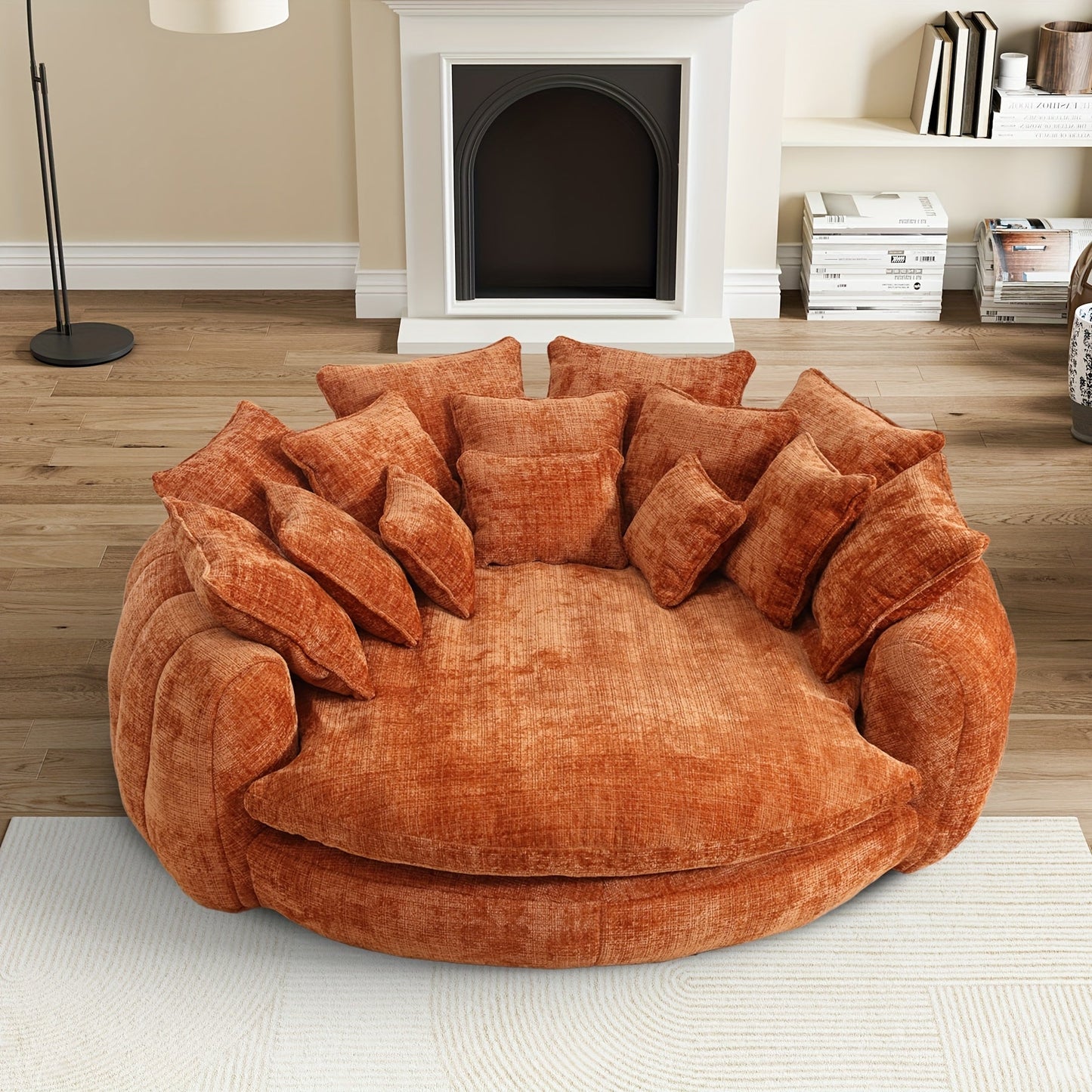 81.1" W Oversized Round Chaise Lounge, Fluffy Lazy Bean Bag Sofa With 14 Pillows, Comfy Chenille Upholstered Barrel Sleeper Bed, Modern Deep Seat Cloud Couch For Living Room Apartment SS69 783.69 Orange
